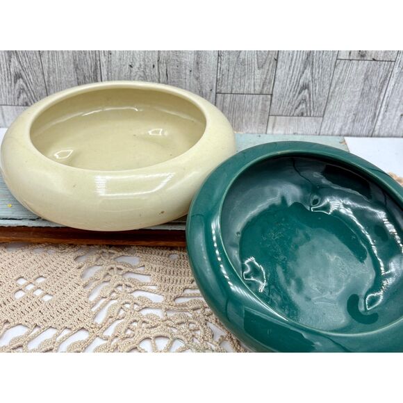TWO Vintage Saucer Planters Bonsai Succulents Retro Green White MCM - Picture 1 of 8